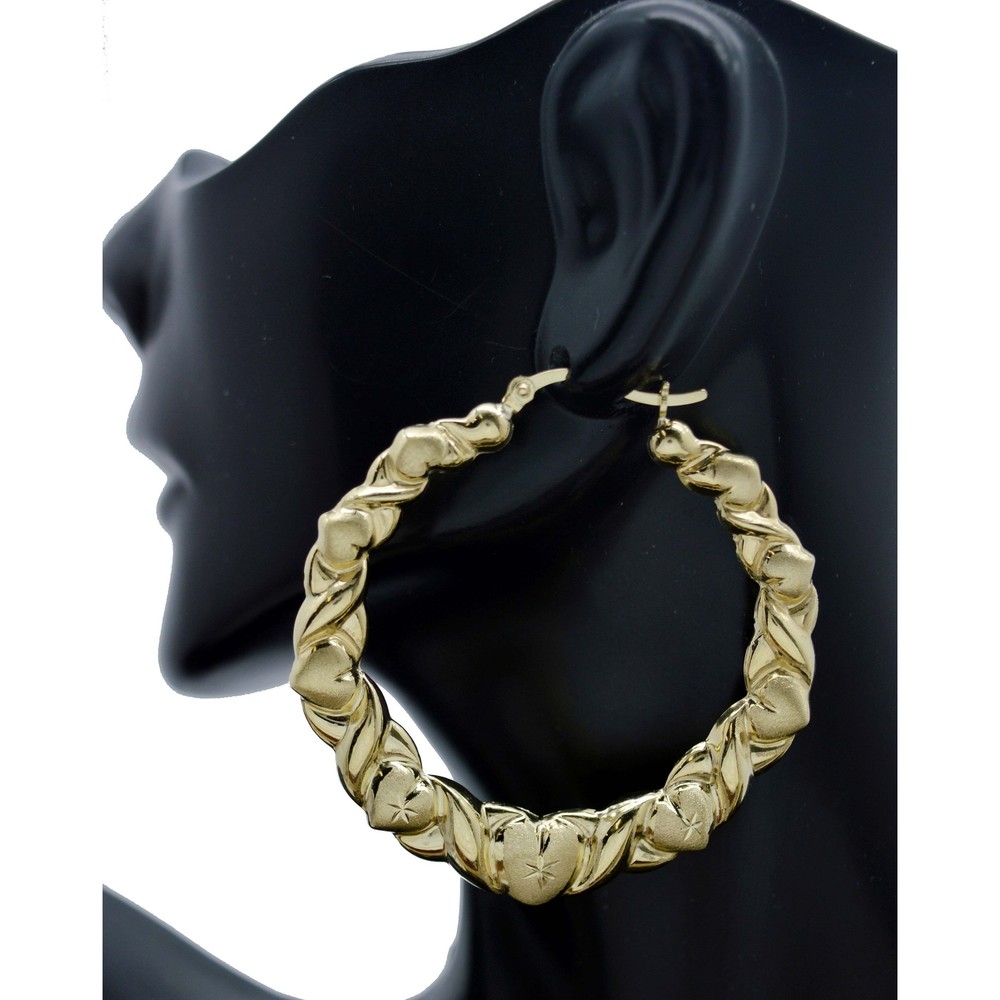 Real 10K Yellow Gold 50.1mm Twisted Heart Diamond Cut 6.6gr Hoop Earrings
